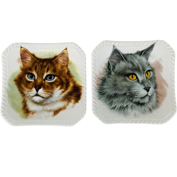 Vintage Royal Adderly Cat Trinket Dishes 4" Mini Plates Set of 2 Kitty Tabby - Picture 1 of 14